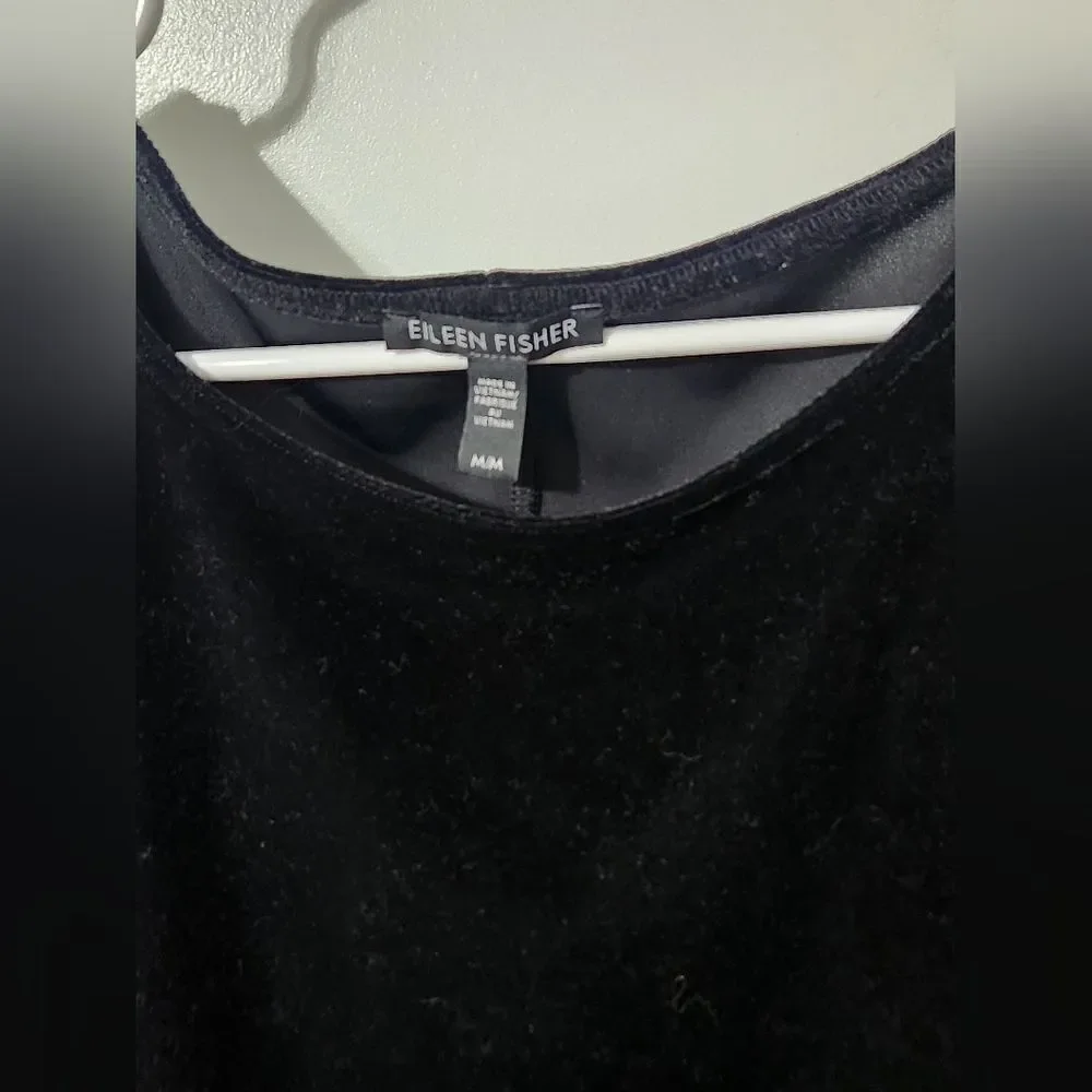 Eileen Fisher Black Stretch Velvet Short Sleeve Shift Dress Women's Size M